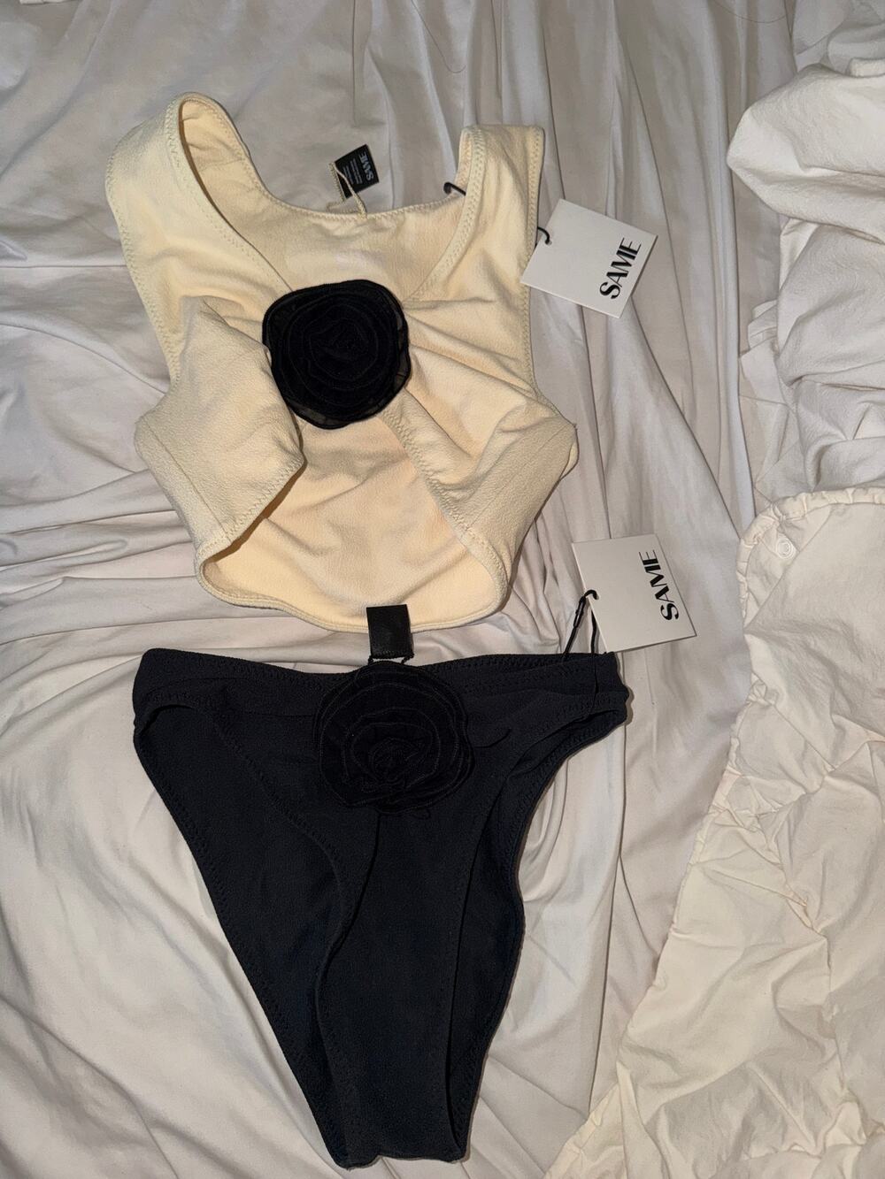 SAME La Vie En Rose Cream Black Faux Suede Rosette Bikini